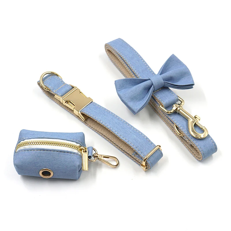 Collar de perro vaquero azul claro con nombre, Collar y correa personalizados para perros pequeños, medianos y grandes, pajarita, arnés para perros y niñas - imagen 5