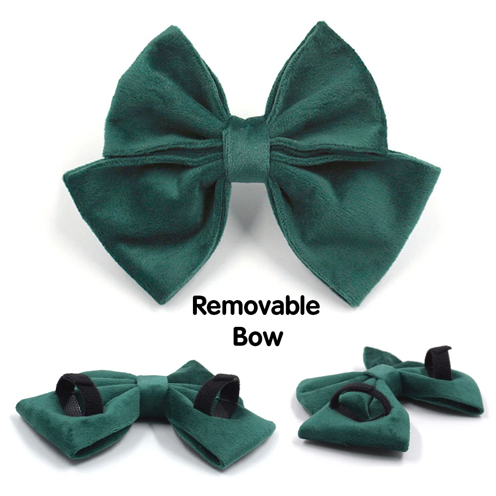 Collar y correa de terciopelo verde navideño para perros pequeños y grandes, Collar para mascotas con hebilla de oro rosa con grabado personalizado y lazo grande - imagen 3