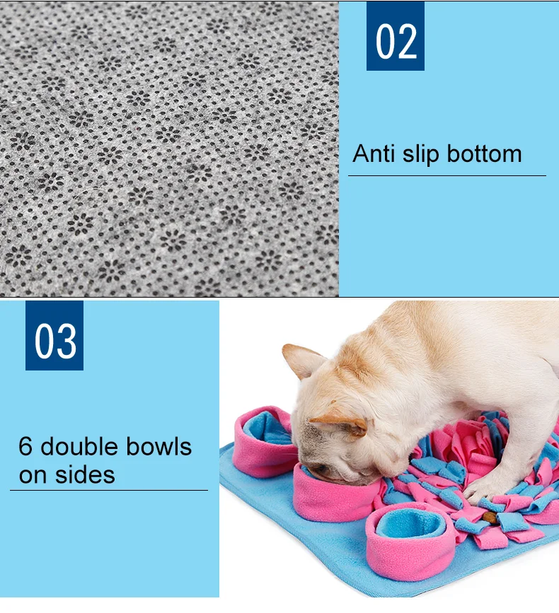Una alfombra de alimentación para mascotas con varias características. En el lado izquierdo, hay un primer plano de la superficie del tapete, que tiene un patrón de pequeños puntos que podrían ser parte de un fondo antideslizante para evitar que el tapete se mueva.