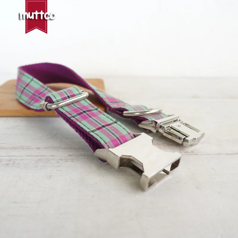 MUTTCO vende al por menor collar de perro de diseño propio púrpura menta Plaid hecho a mano poli satén y nailon 5 tamaños collar de perro UDC099 - imagen 4
