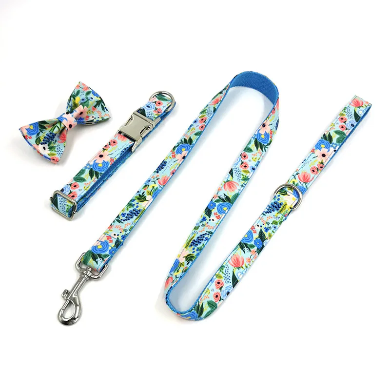Pet Collars for Dogs Laser Engraving Customized Name Dog Collar Adjustable Durable Bow Tie Dog Collar and Leash Set Blue Floral - imagen 5