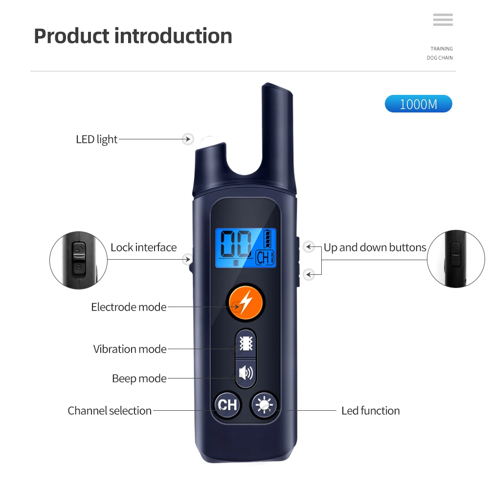 Collar de entrenamiento para perros, resistente al agua, recargable, 1000m, Control remoto para mascotas, choque eléctrico, vibración, sonido - imagen 2