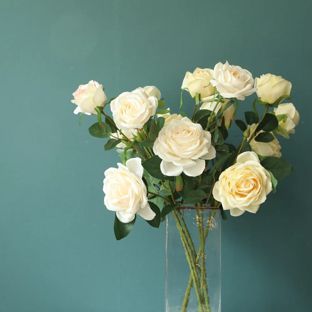 Ramo de rosas de seda de 3 cabezas, accesorios de decoración del hogar, álbum de recortes de fiesta de boda, plantas falsas, flores de rosas artificiales diy - imagen 2