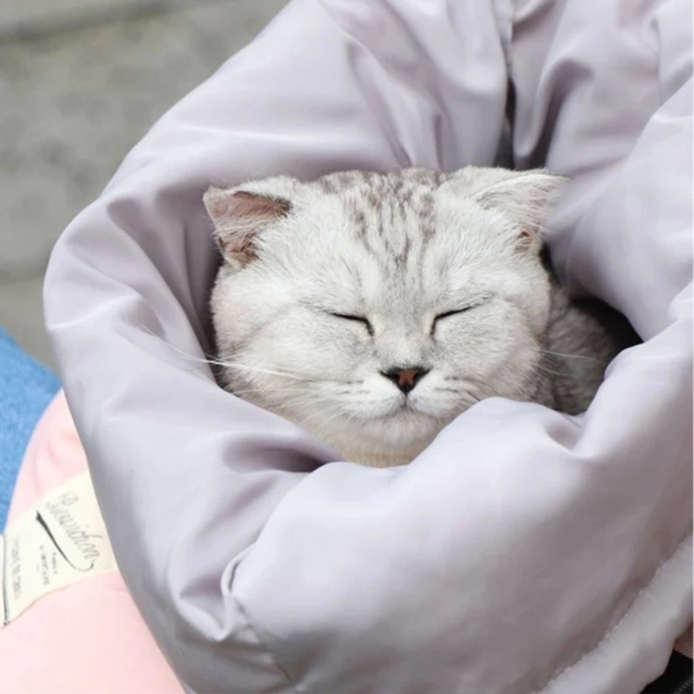 Mochila transportadora de gatos cálida de invierno, bolsa de viaje para mascotas de un solo hombro con saco de dormir para perros pequeños y gatos, bolsa de mensajero para exteriores - imagen 4