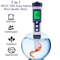 Probador de Agua 5 en 1 para acuarios EC, TDS, pH y salinidad