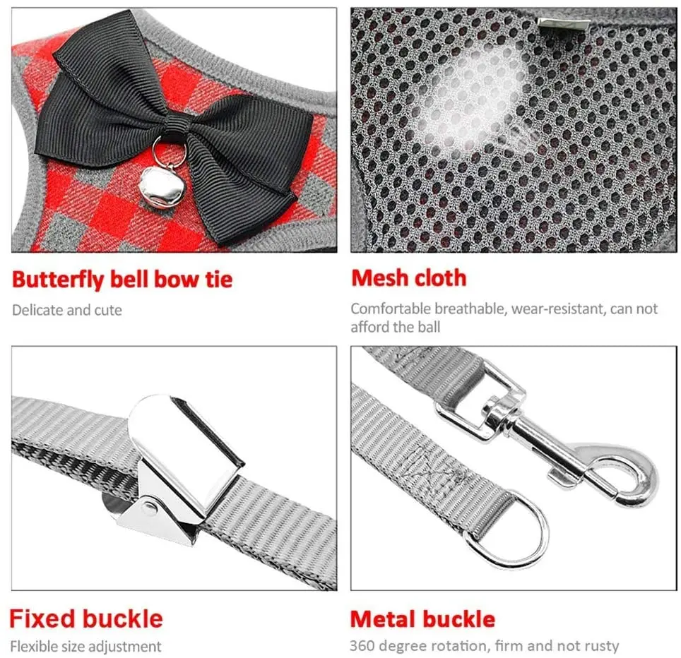 Conjunto de arnés y correas para perros a cuadros, pajarita para mascotas a la moda, chaleco de esmoquin, arnés para perros pequeños y medianos, gatos, cachorros, Bulldog Francés - imagen 3