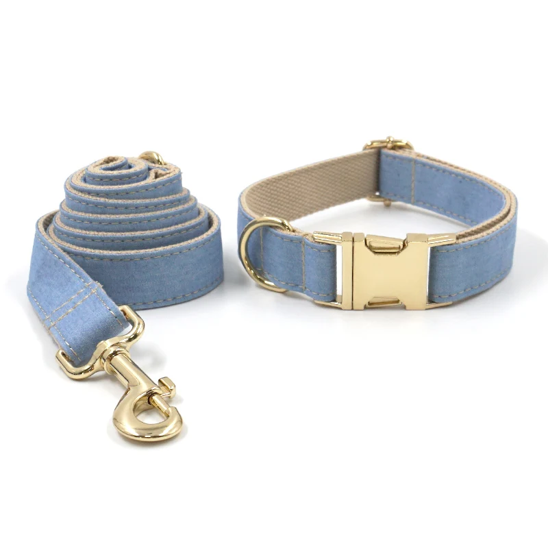 Collar de perro vaquero azul claro con nombre, Collar y correa personalizados para perros pequeños, medianos y grandes, pajarita, arnés para perros y niñas - imagen 4