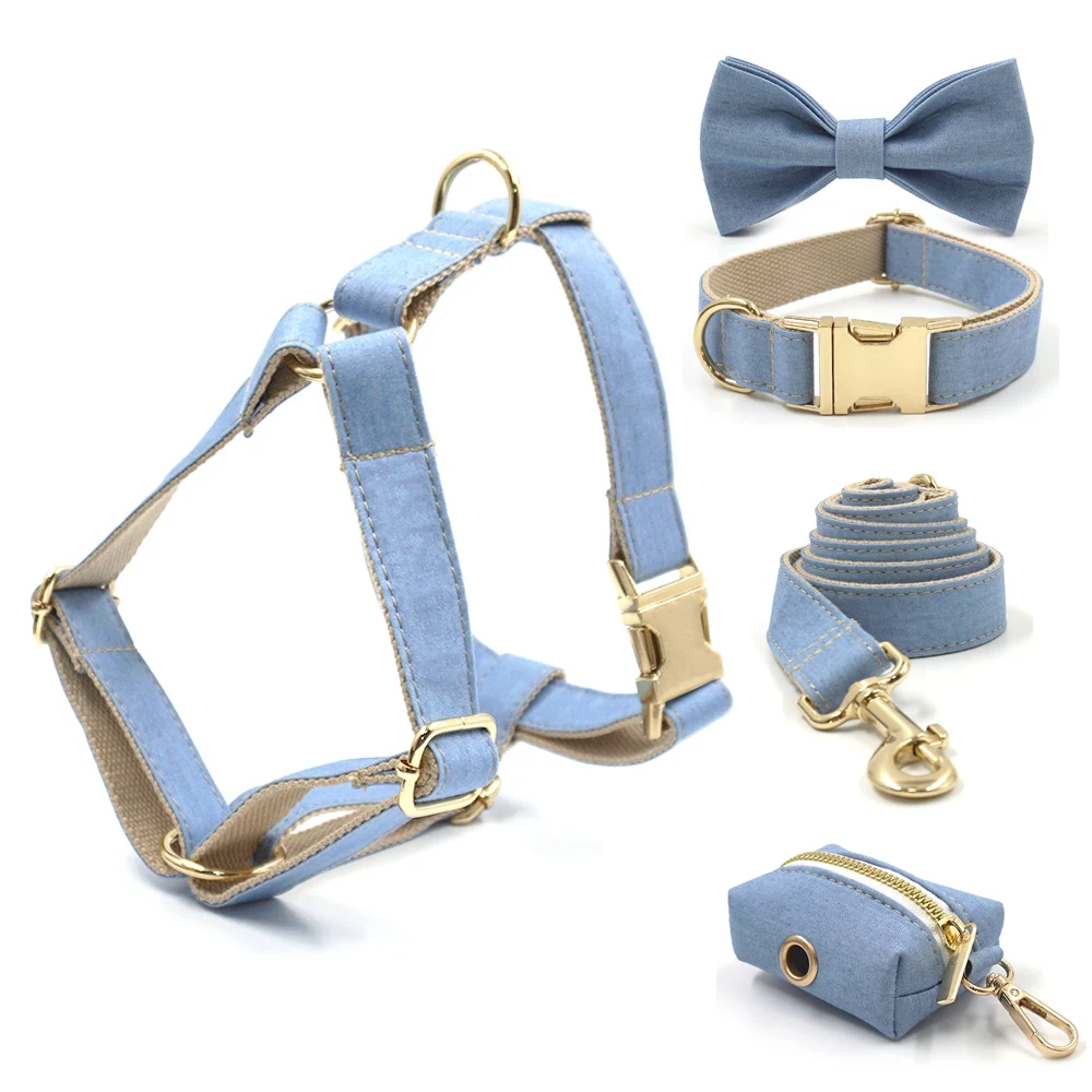 Collar de perro vaquero azul claro con nombre, Collar y correa personalizados para perros pequeños, medianos y grandes, pajarita, arnés para perros y niñas