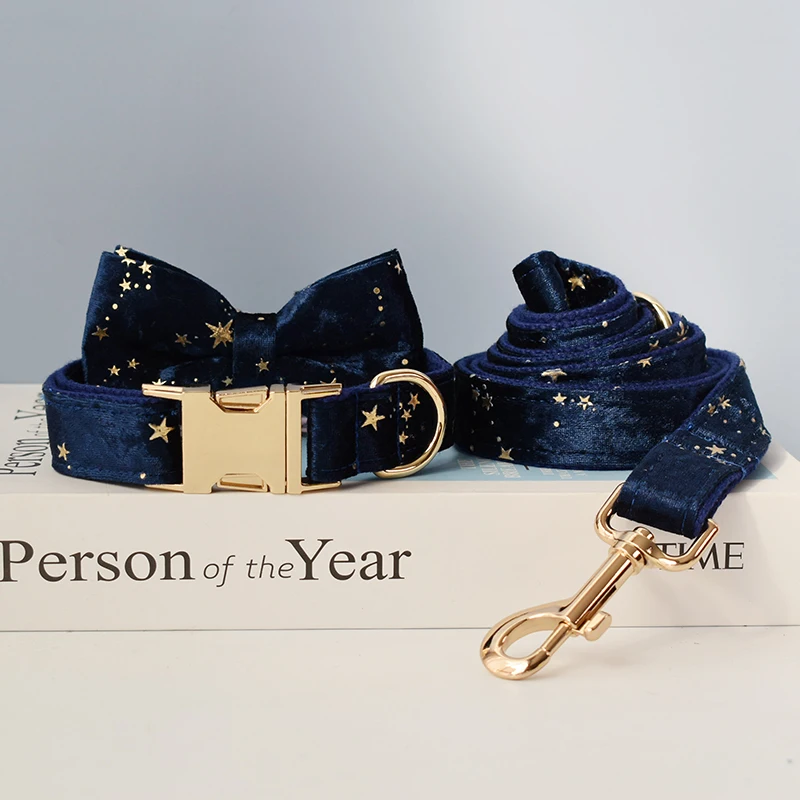 Collar azul, tela de calidad de terciopelo personalizada para perros pequeños, medianos y grandes, piezas de Metal personalizadas, accesorio para mascotas Star 02 - imagen 5