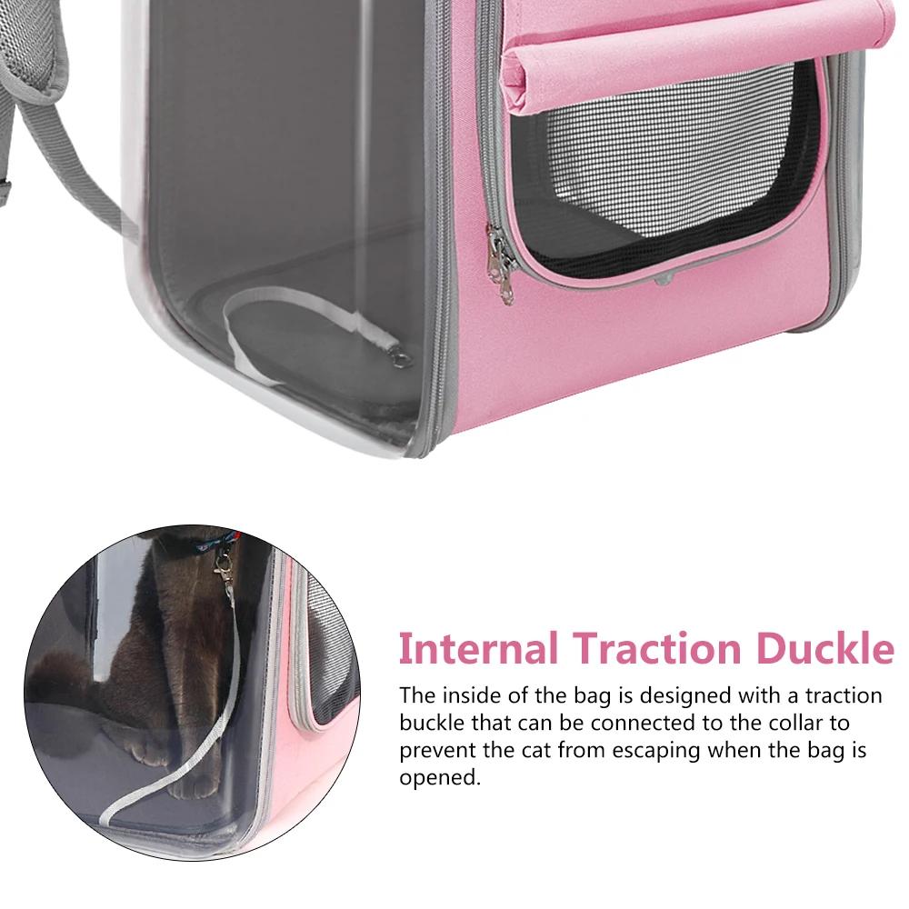 Un portador de gato rosa y gris con un interior