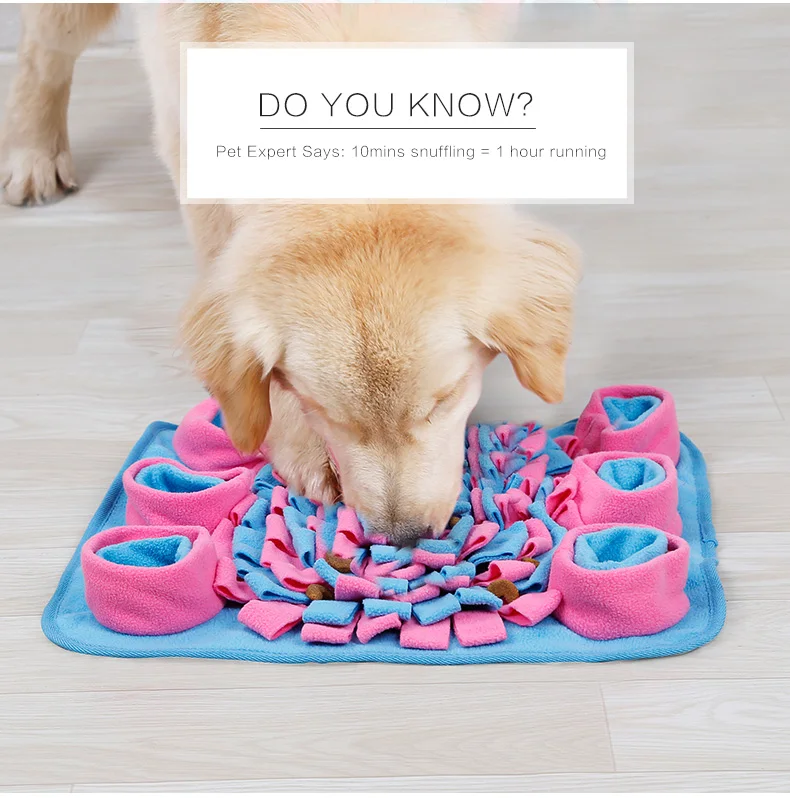 Un perro interactuando con un juguete para mascotas. El juguete parece ser una alfombra con una serie de cortes circulares, y el perro está olfateando o posiblemente tratando de meter su pata en uno de los agujeros.