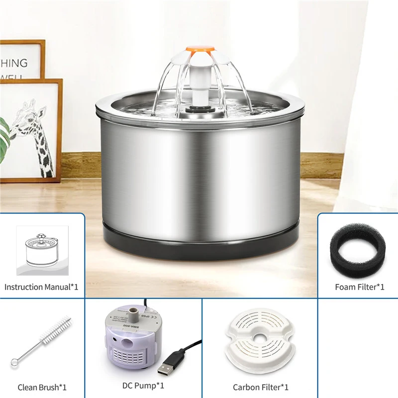 Fuente de agua automática para gatos y perros, dispensador de agua de acero inoxidable, bebedero USB, tazón alimentador para mascotas, 2,5 L - imagen 2