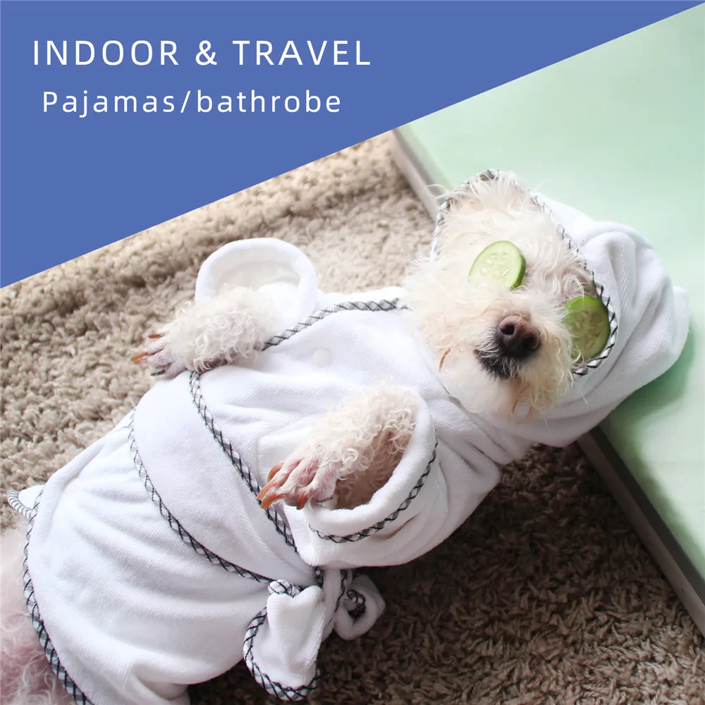 Albornoz blanco para perro, chaqueta de baño superabsorbente de secado rápido con cinturón, pijamas para cachorros y perros pequeños y grandes, ropa de dormir - imagen 4