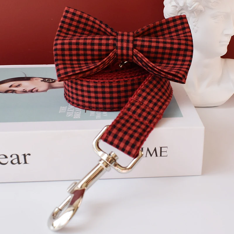 Collar de perro con lazo grabado gratis, correa de perro Labrador Bull Bowknot, correas de correa, hebilla ajustable, accesorios de rejilla francesa 04 - imagen 4