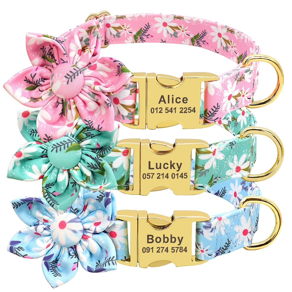 Conjunto de Collar y correa con estampado de flores para perro, Collar de nailon personalizado con etiqueta de identificación para mascotas, cuerda de plomo para caminar para perros pequeños, medianos y grandes - imagen 2
