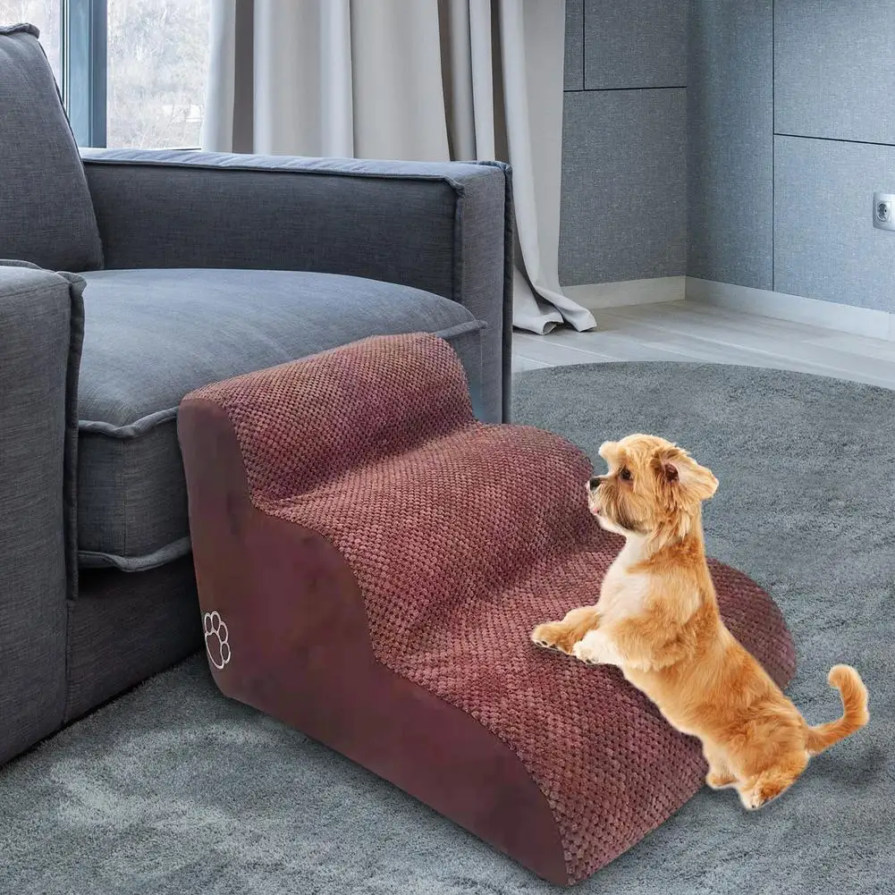 Escalones de espuma para perros, escaleras de 3 escalones con cubierta extraíble, color marrón y gris, 23,62x16,54x15, 35 pulgadas de franela y alta densidad - imagen 2