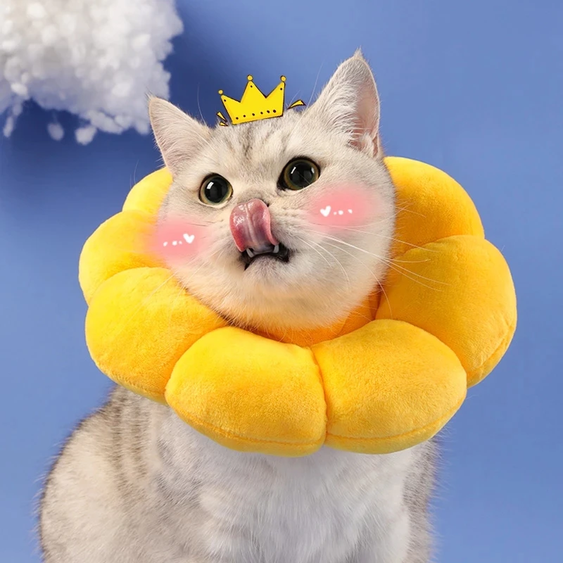 Collar de girasol para mascotas, ajustable, antimordeduras, cirugía, antilamer, curación de heridas, collares de protección para gatos, Collar isabelino de felpa suave