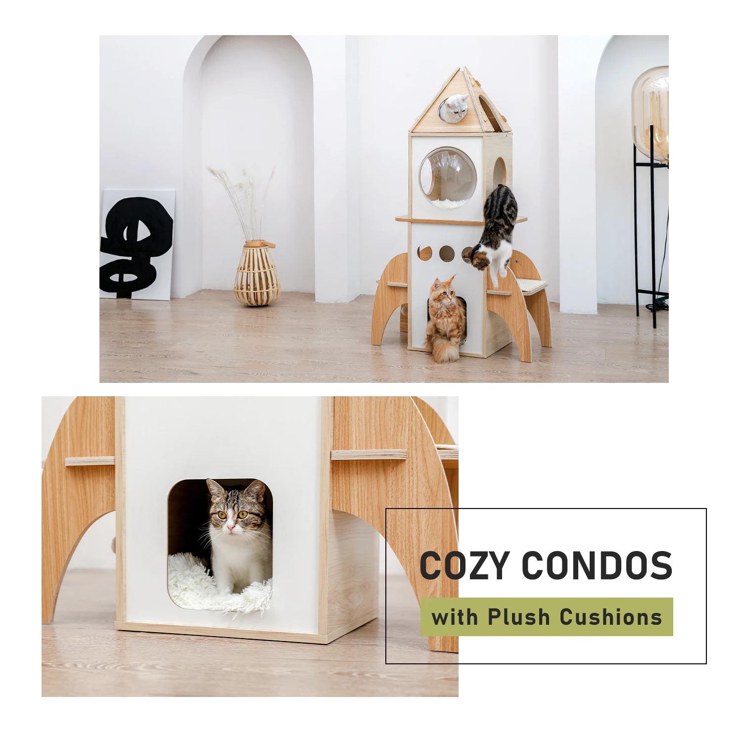 Torre de árbol para gatos cohete, árbol para gatos multinivel, postes de Sisal para rascar, torre para gatos de madera, marco de escalada con con condomínios acogedores, nido de lujo - imagen 4