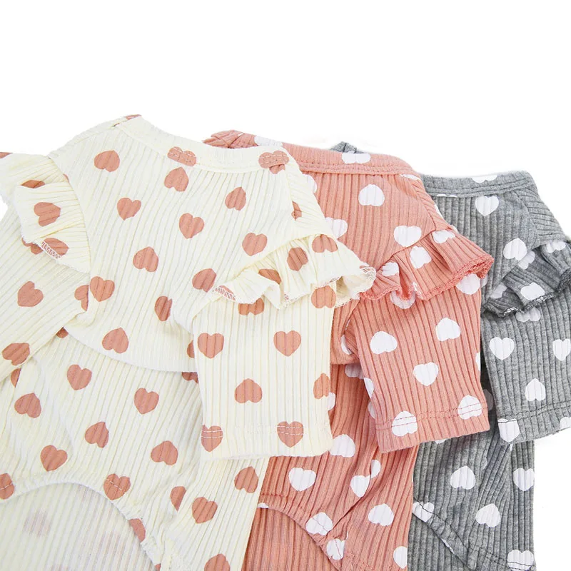 Ropa de algodón rosa, Beige y gris para mascotas, sudaderas con capucha para cachorros, camiseta con patrón de corazón, suéter de manga corta de encaje con cuello redondo, sudadera para perros pequeños - imagen 5