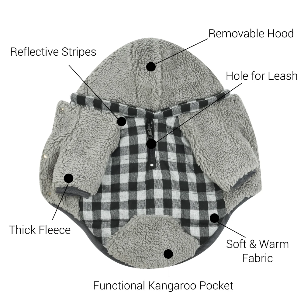 Ropa de invierno para perros, abrigos gruesos y reversibles a cuadros para perros pequeños, medianos y grandes, ropa cálida supersuave con capucha extraíble - imagen 4