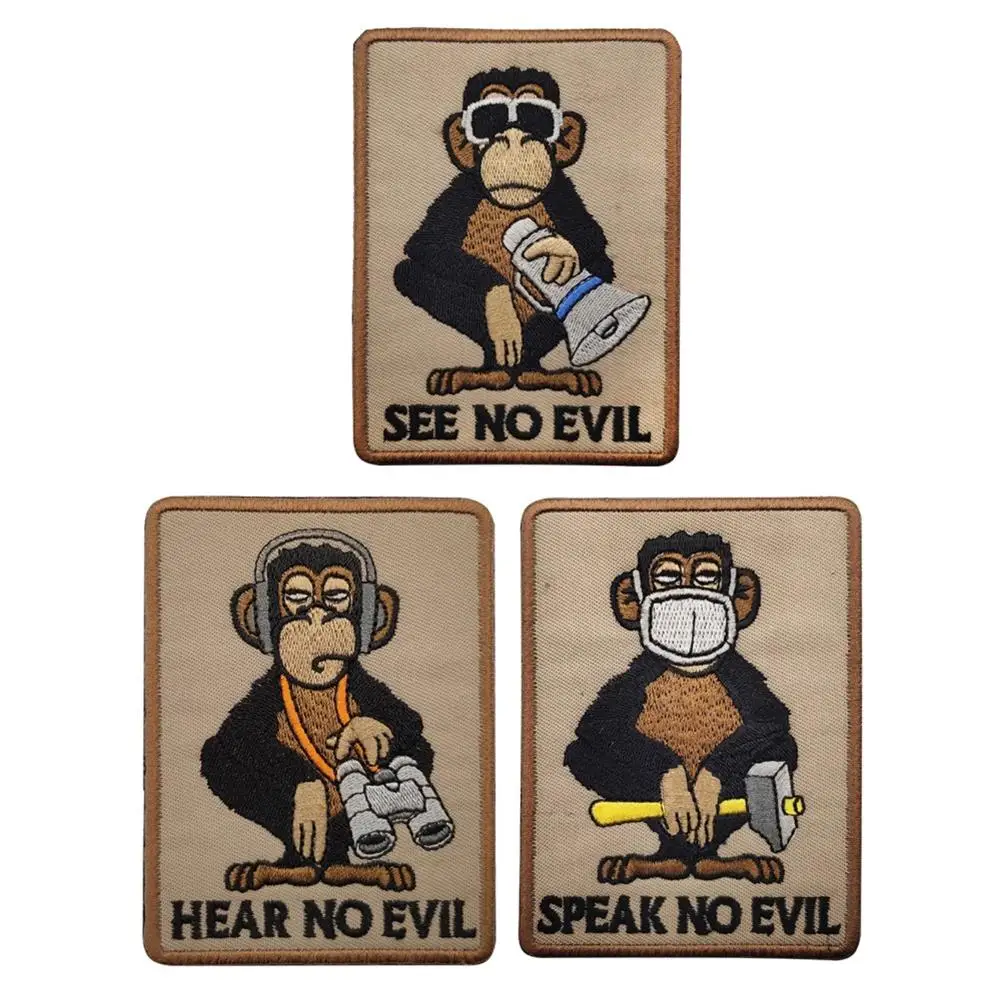 Parche bordado de mono de tres sabios, insignia de brazalete, parche decorativo táctico militar, ver, hablar, escuchar, No malvado