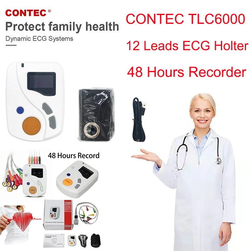 CONTEC Dynamic 12 Leads ECG Holter Systems, grabador de 48 horas, tarjeta de 2GB, Software analizador (descarga en línea) TLC6000 - imagen 2