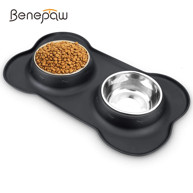 benepaw cuenco doble antideslizante perro alfombrilla silicona duradero acero inoxidable sin derrames alimentación mascotas alimentador agua potable