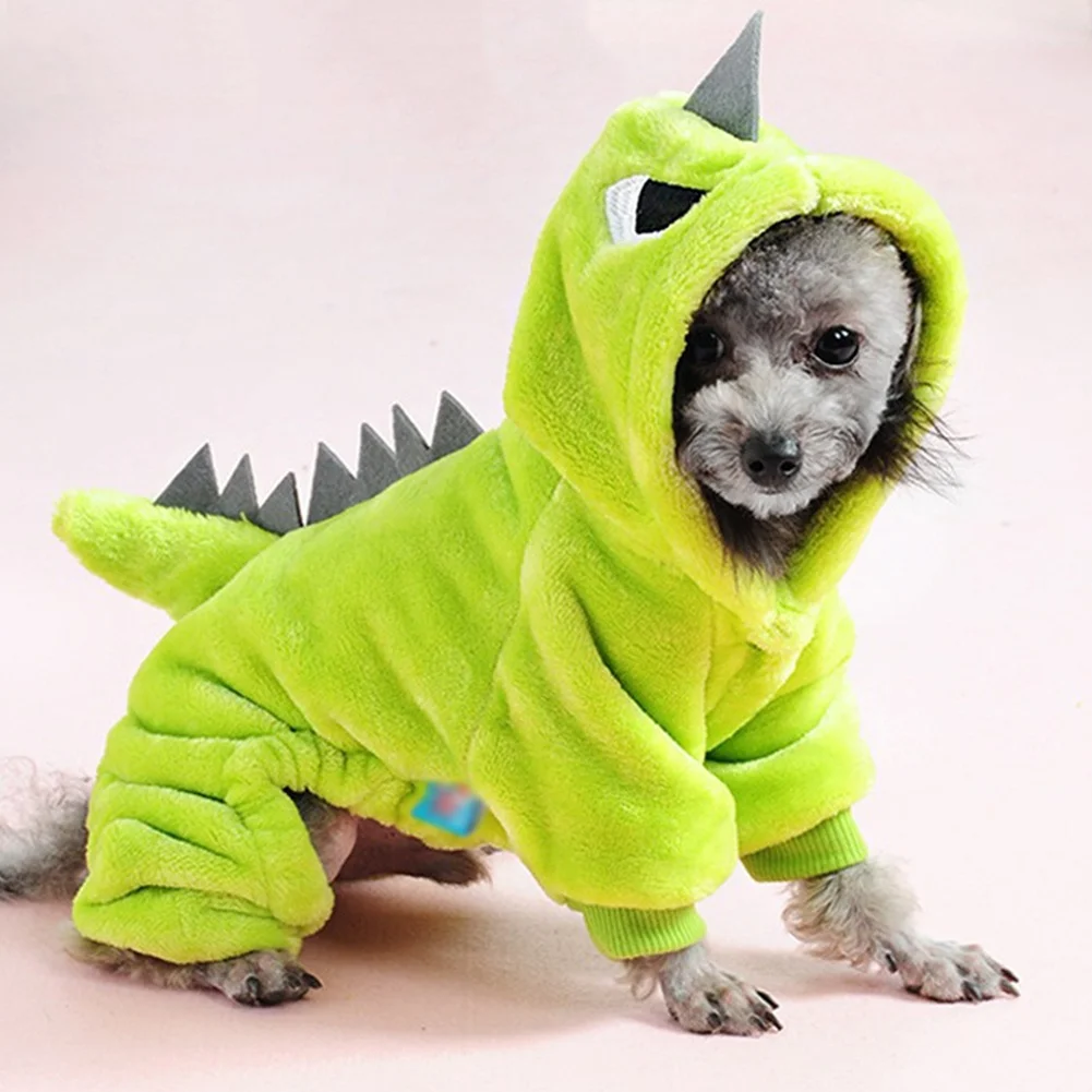Ropa de terciopelo Coral para perro, disfraces de dinosaurio de dibujos animados para Halloween, ropa cálida para mascotas, ropa de cuatro patas, monos para perros, Invierno - imagen 2
