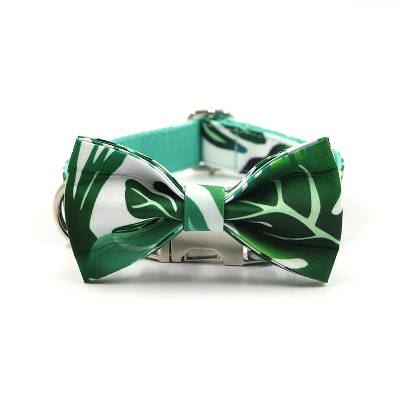 Collar para perro con grabado de nombre y hojas verdes, elegante conjunto de Collar para mascotas y correa con pajarita, Collar de nailon duradero - imagen 3