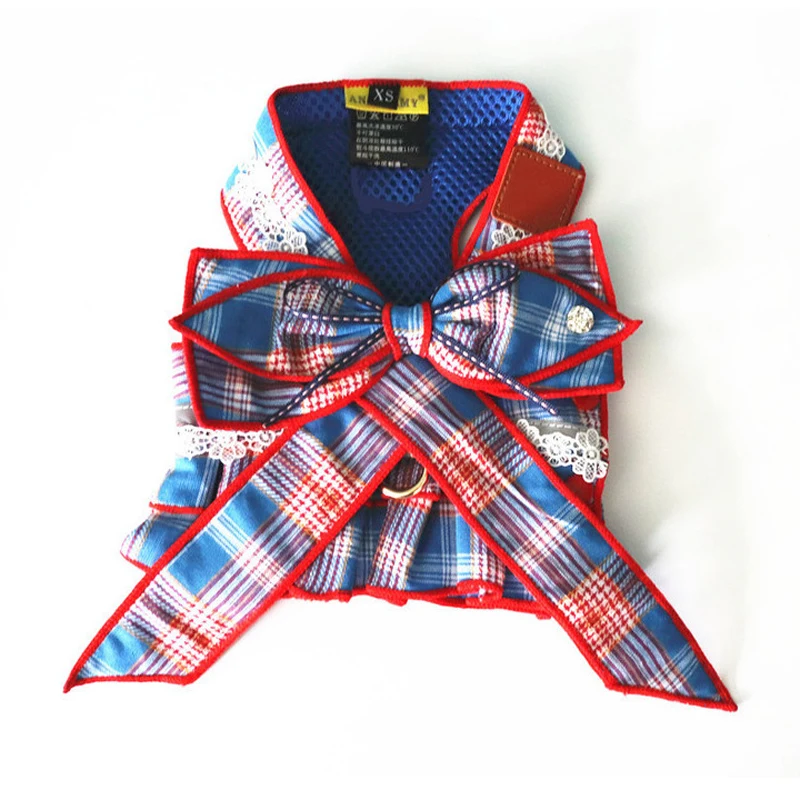 Conjunto de arnés con falda y lazo para perro y gato, ropa de lujo a cuadros, chaleco para cachorro, arnés para caminar, correa para gatos, perros pequeños y medianos - imagen 2