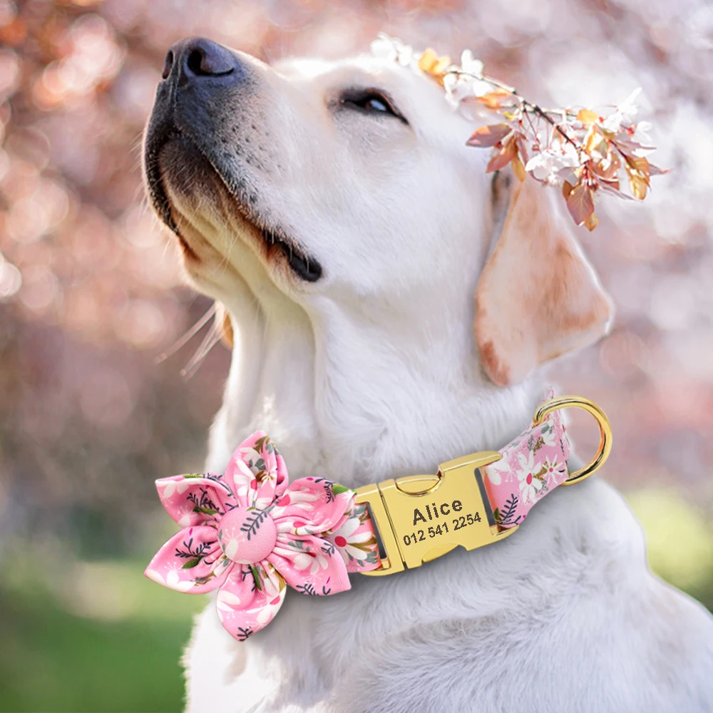 Conjunto de Collar y correa con estampado de flores para perro, Collar de nailon personalizado con etiqueta de identificación para mascotas, cuerda de plomo para caminar para perros pequeños, medianos y grandes - imagen 4