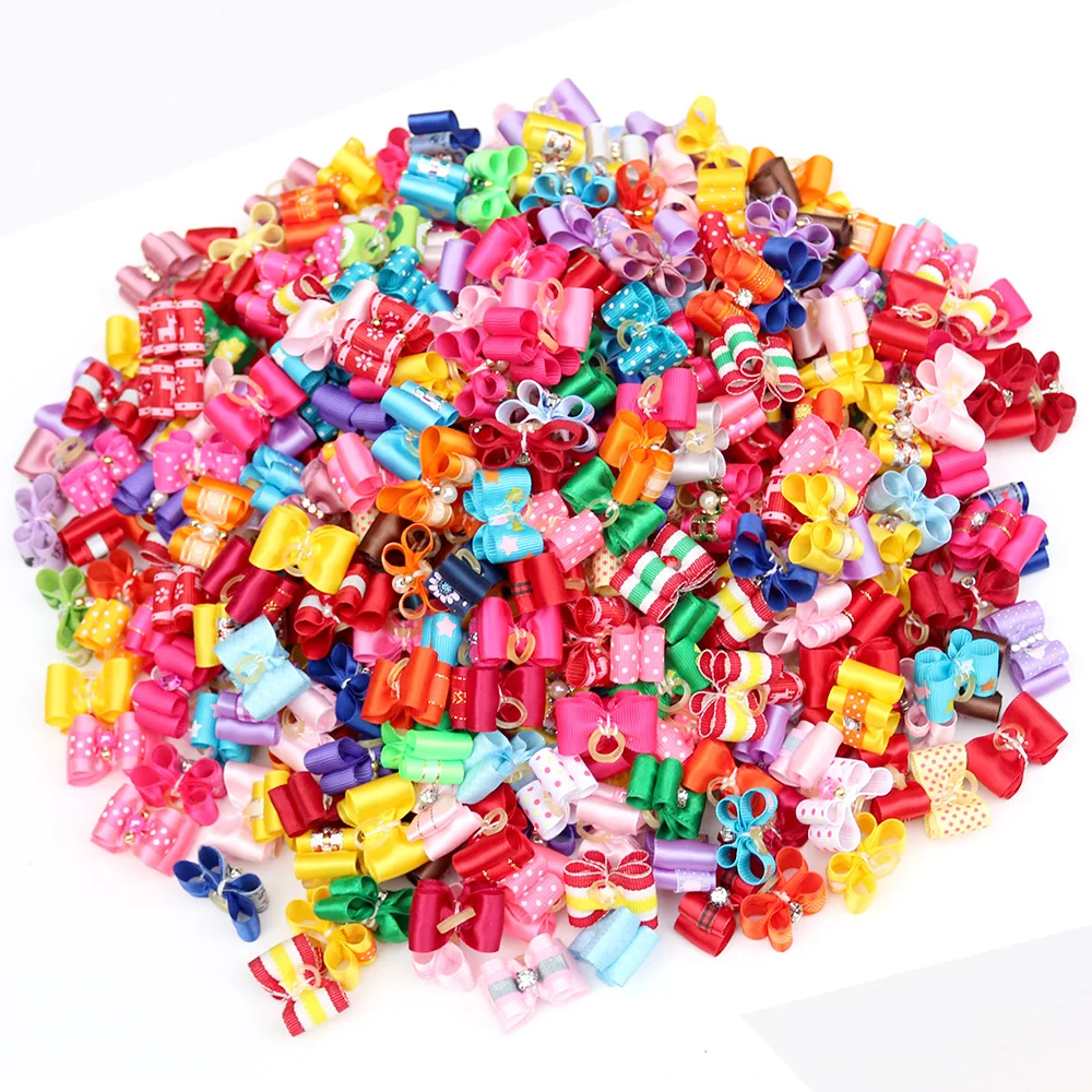 ¡Caliente! 200 Uds. Lazos de pelo de perro con perlas, bandas de goma, lazos de Robbon, lazo de diamante para el cuidado del pelo de perro, productos de accesorios para el cuidado - imagen 2