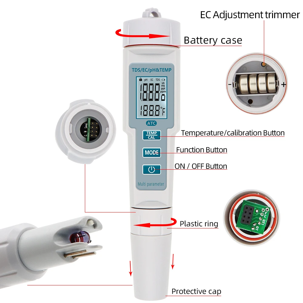 Medidor de calidad del agua 4 en 1, medidor de PH TDS EC, probador de temperatura, medidor de PH impermeable, Detector de agua ATC para piscinas, acuarios de agua potable - imagen 2