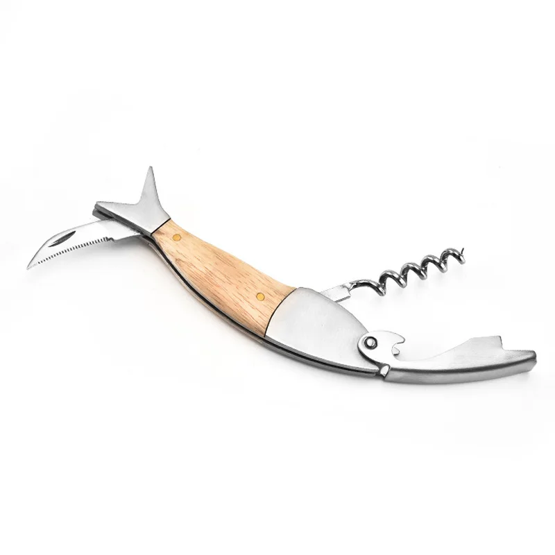 Abridor de vino con forma de pez, abridores de Metal profesionales con mango de madera, sacacorchos de tornillo portátil multifunción, abridor de botellas de vino - imagen 3