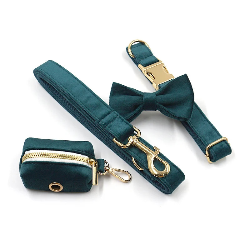 Arnés de perro verde esmeralda Vintage, Collar de perro de lujo de terciopelo grueso personalizado con correa, bolsas para caca, pajarita ajustable, Collar para perro - imagen 5