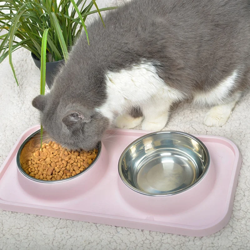 Cat and Dog Bowls and Silicone Feeding Mat Set Stainless Steel Feeding Bowl 2 Food Dish Slip Resistant Raised Edges Base Mat - imagen 2