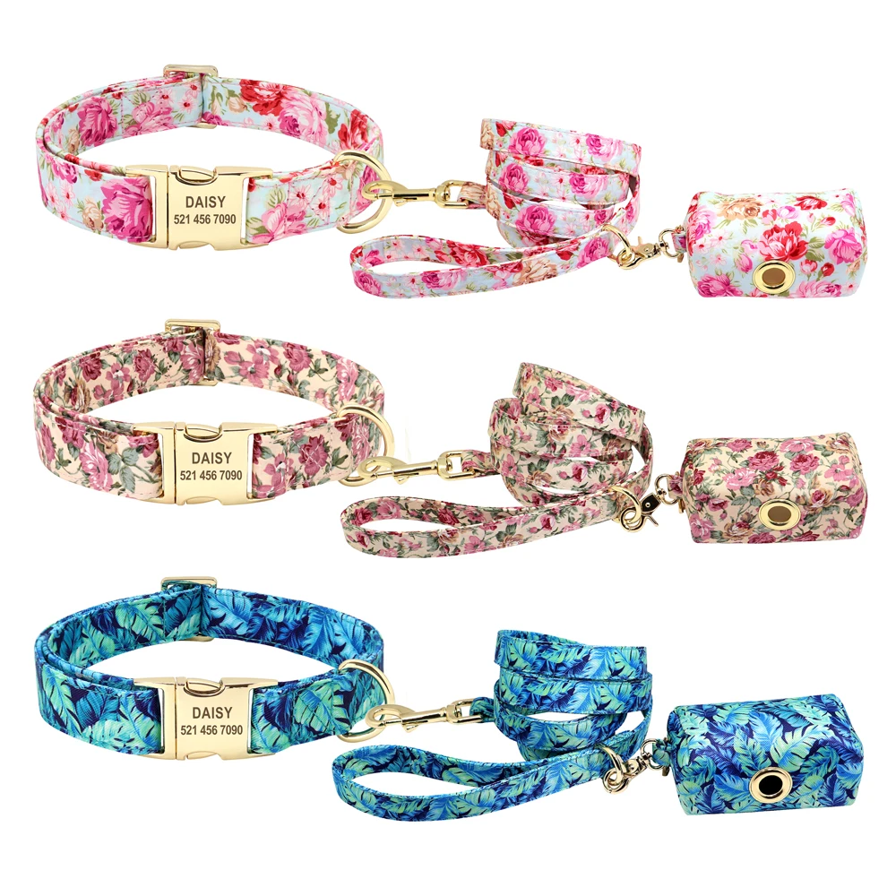 Conjunto de correa de nailon con estampado Floral para perro, Collar personalizado con flores para mascotas pequeñas, medianas y grandes, con bolsa de regalo - imagen 2