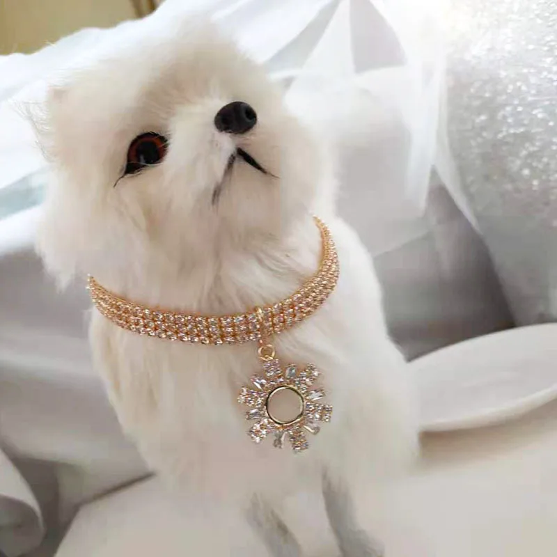 Collar de lujo con diamantes de imitación para perro y gato, Collar de cachorro para perros pequeños, accesorios de joyería de cristal para fiesta de graduación y boda, 3 filas - imagen 5