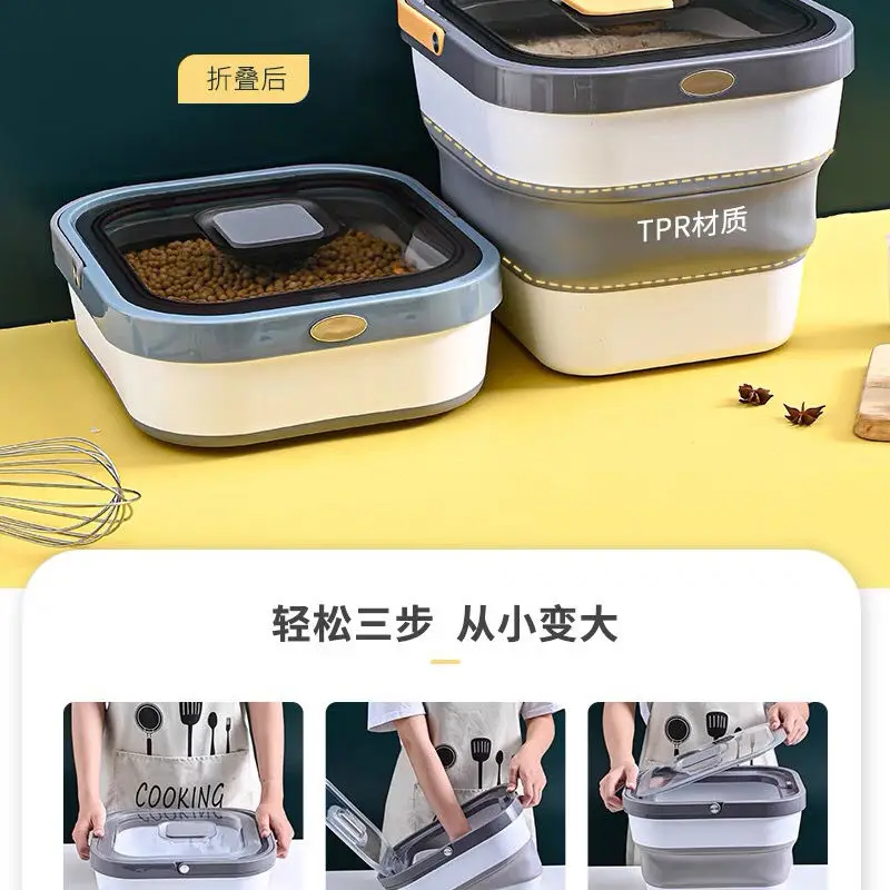 Contenedor plegable de almacenamiento de alimentos para perros, contenedor de alimentos secos para gatos, a prueba de humedad, cinta de sellado, taza medidora - imagen 5