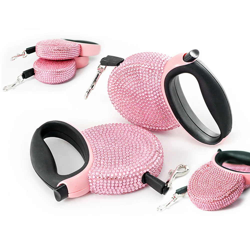 Correa retráctil automática para mascotas, diamantes de imitación azules y rosas, correas de perro de cristal ostentoso para gato, línea plana, 3M - imagen 2