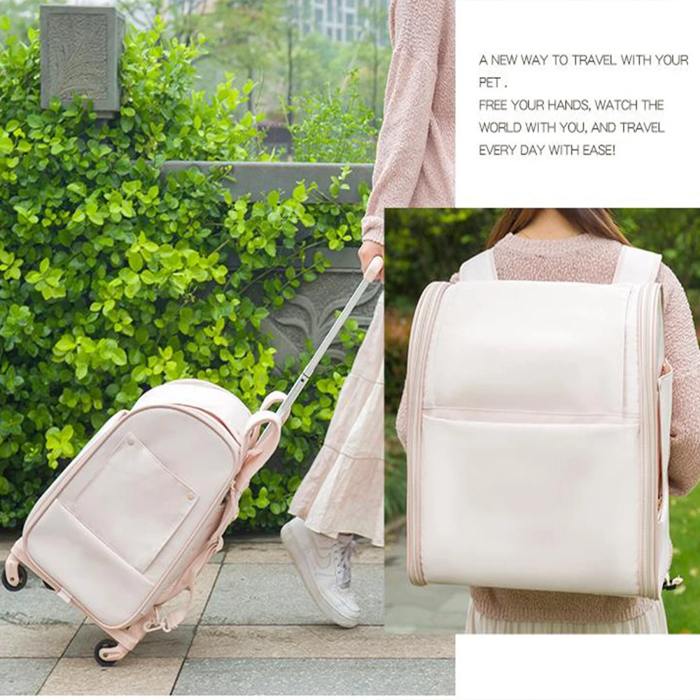 Mochila portátil con ruedas para mascotas, carrito transportador plegable 2 en 1 para perros y gatos con ruedas, tela Oxford impermeable para viajes de mascotas pequeñas - imagen 2
