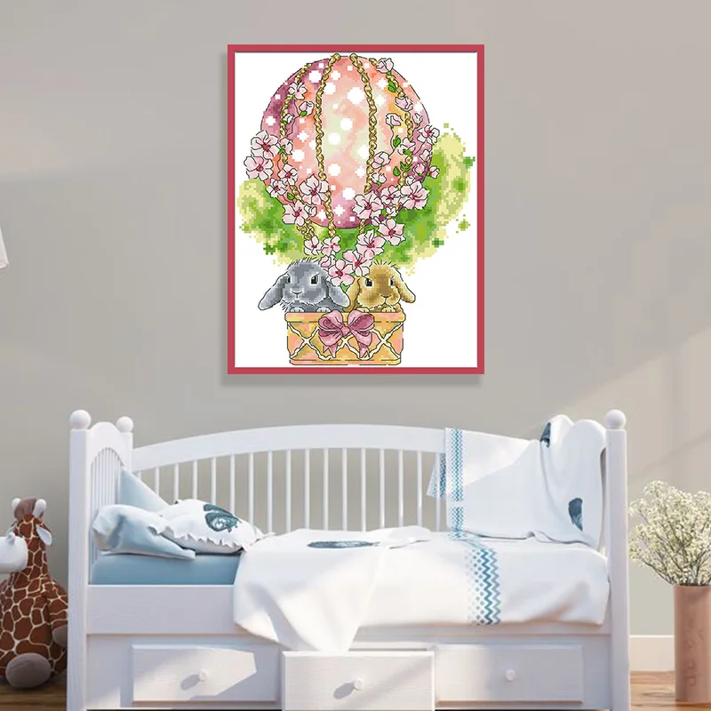 Kits de bordado con patrones de punto de cruz de globo aerostático de Bunny, juegos de costura sin imprimir, 11 14CT, pintura artesanal hecha a mano para decoración del hogar