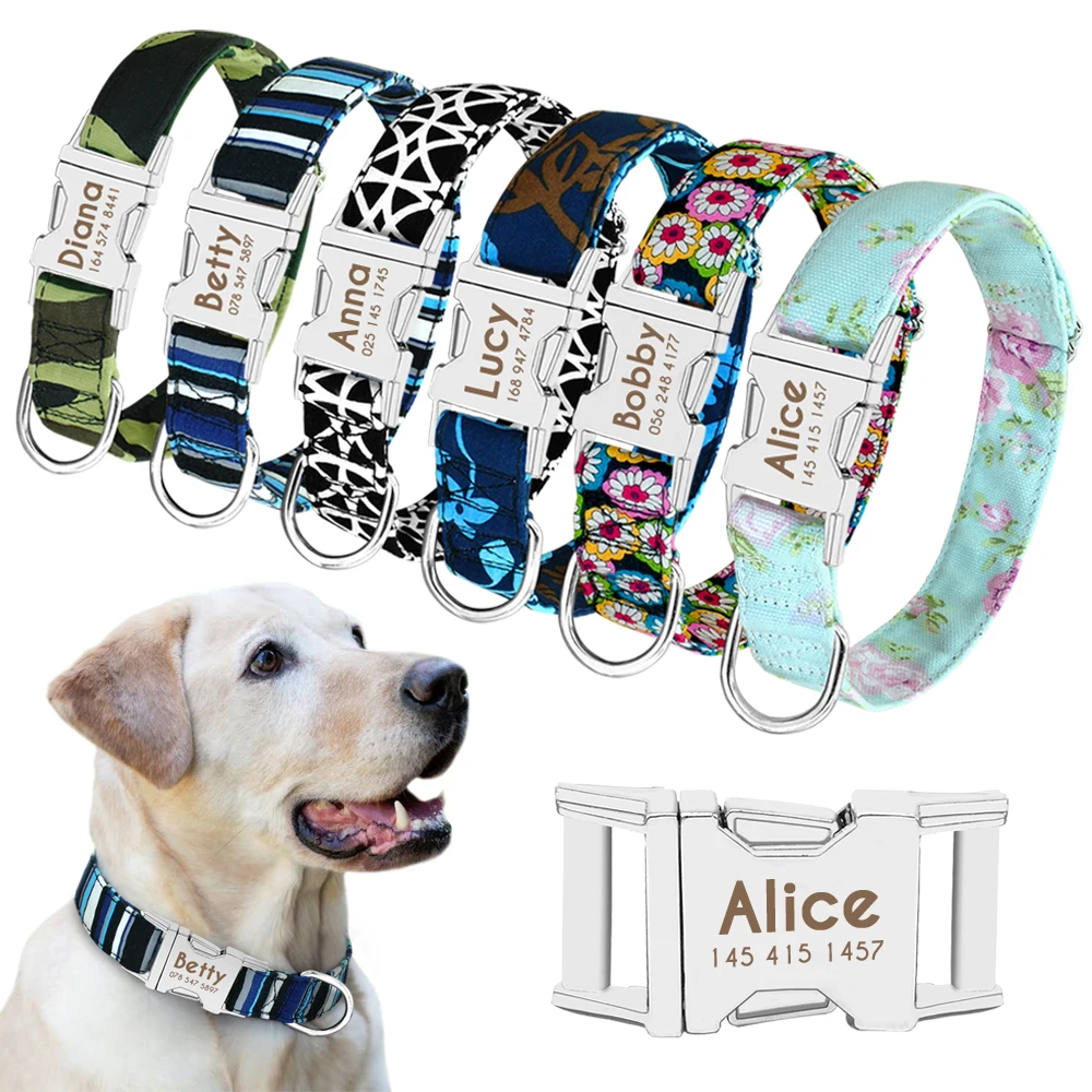 Collar de accesorios para perros personalizado, Collar para cachorros con estampado de nailon, collares de identificación para perros, identificación grabada gratis para perros pequeños, medianos y grandes - imagen 2