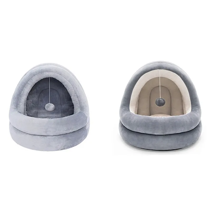 Dos diseños diferentes de camas para mascotas. A la izquierda, hay una cama para mascotas con forma circular y un borde elevado, que parece estar diseñada para proporcionar un espacio acogedor y seguro para una mascota.