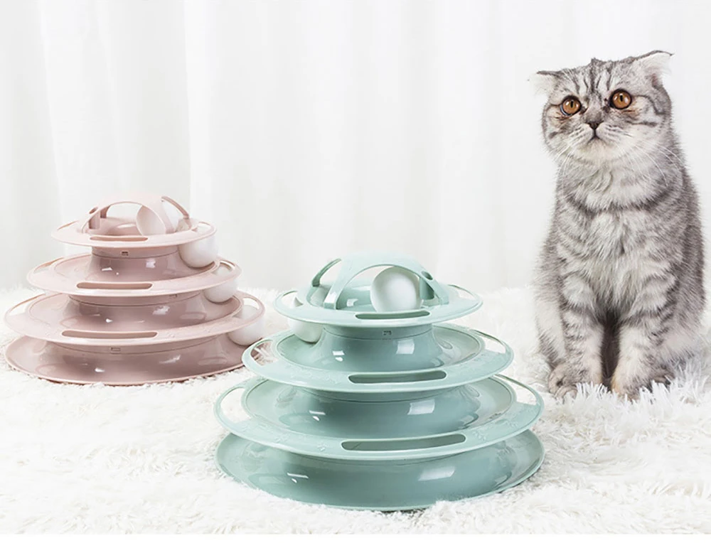 Torre de juguete interactiva de 4 niveles para gatos con bolas en las pistas