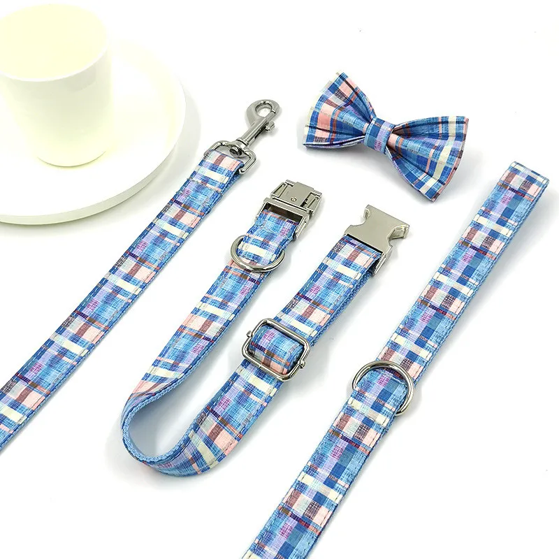 Conjunto de Collar y correa para cachorros, Collar para perro con identificación de nombre personalizado a cuadros azules con lazo, hebilla de Metal de diseñador, Collar para mascotas de liberación rápida XS - imagen 5