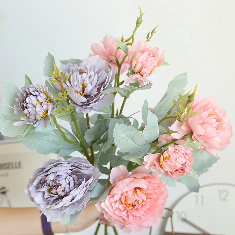 Seda Artificial Rosa occidental, ramo de novia de peonía, estilo clásico europeo, Macaron, flor falsa - imagen 5