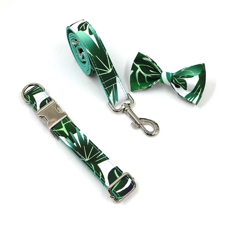 Collar para perro con grabado de nombre y hojas verdes, elegante conjunto de Collar para mascotas y correa con pajarita, Collar de nailon duradero - imagen 4