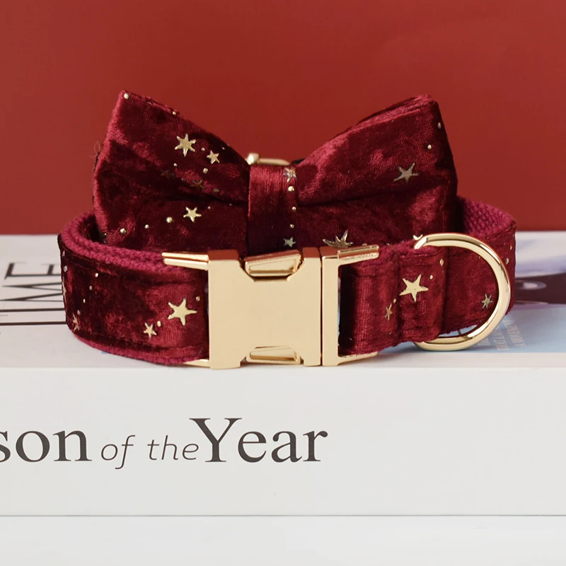 Collar de vino tinto, tela de calidad de terciopelo personalizada para perros pequeños, medianos y grandes, piezas de Metal personalizadas, accesorio para mascotas Star 03 - imagen 3