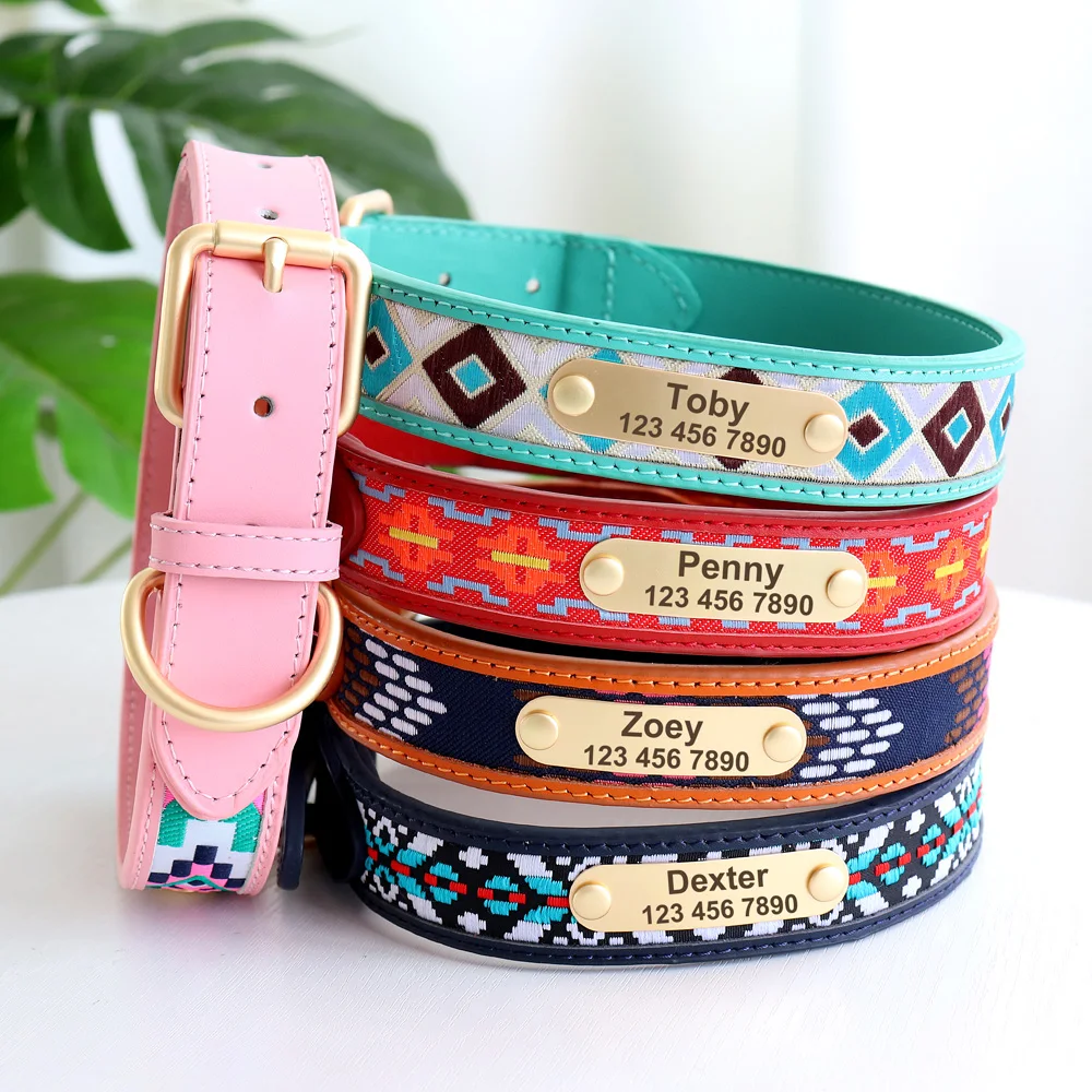 Collar exótico personalizado para perro, accesorio de piel sintética, con nombre de Mascota, ID, acolchado, étnico, ajustable, para perros pequeños, medianos y grandes - imagen 4